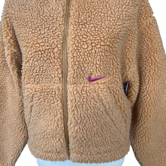 Nike Swoosh Sherpa Full Zip Cropped Jacket Tan Size Small - Picture 5 of 12